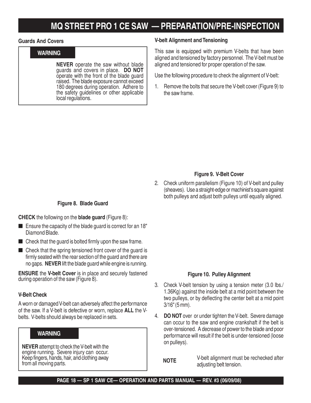 Multiquip SP1CE13H18 manual Guards And Covers, Belt Check, Belt Alignment and Tensioning 