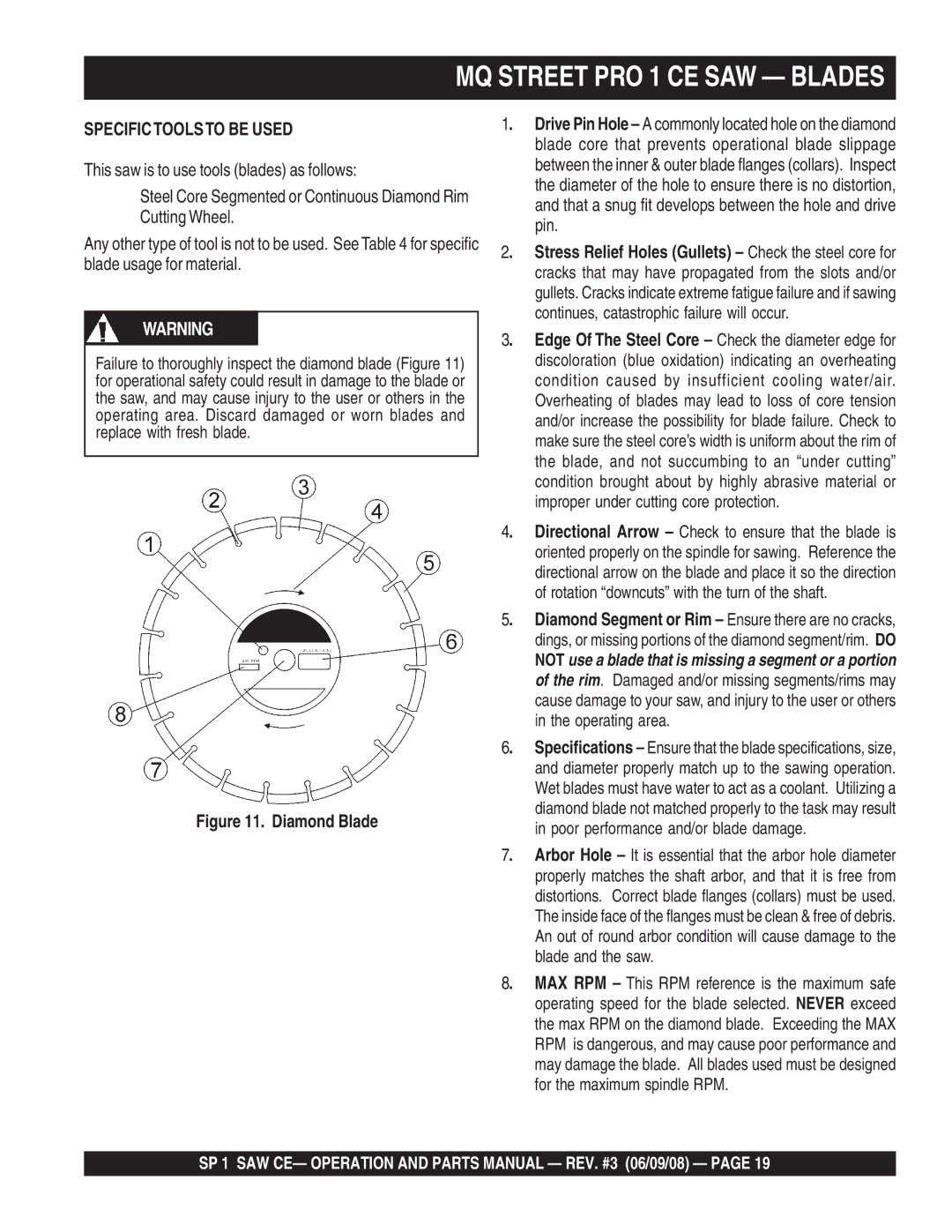 Multiquip SP1CE13H18 manual MQ Street PRO 1 CE SAW Blades, Specifictoolsto be Used 