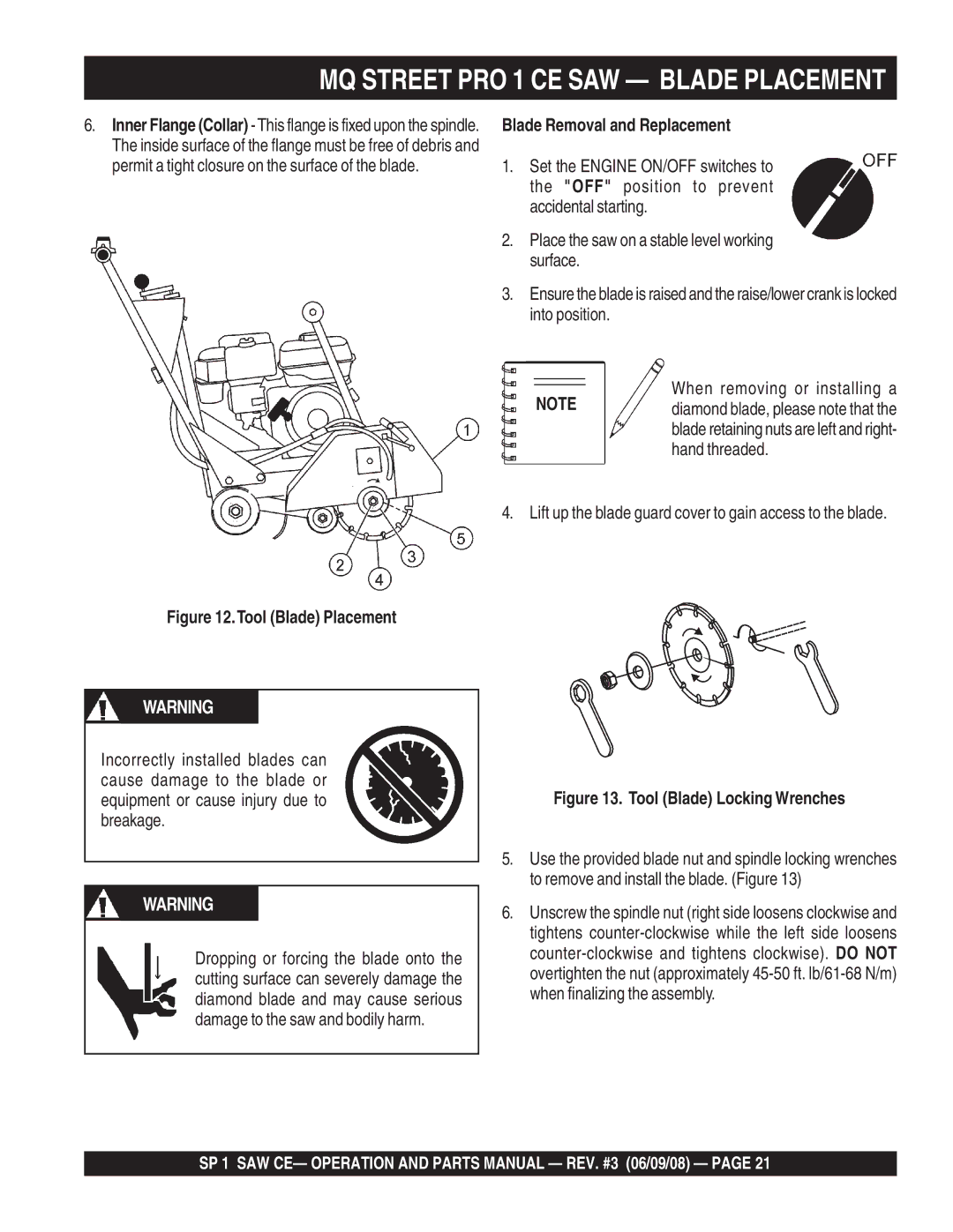 Multiquip SP1CE13H18 manual MQ Street PRO 1 CE SAW Blade Placement, Blade Removal and Replacement 