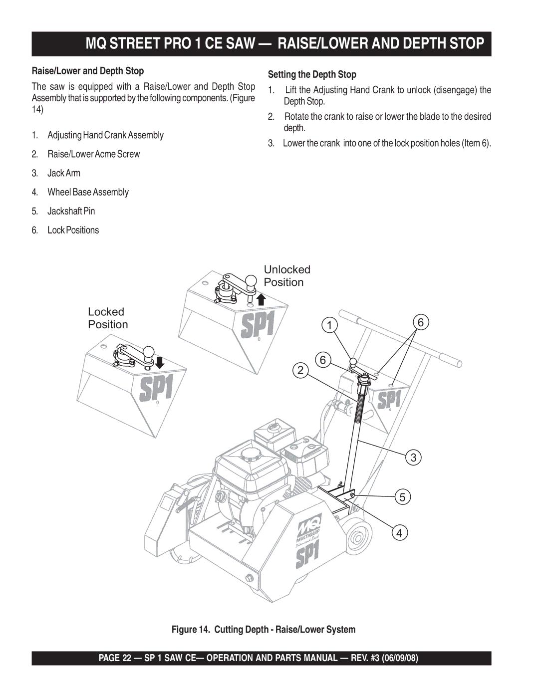 Multiquip SP1CE13H18 MQ Street PRO 1 CE SAW RAISE/LOWER and Depth Stop, Raise/Lower and Depth Stop, Setting the Depth Stop 