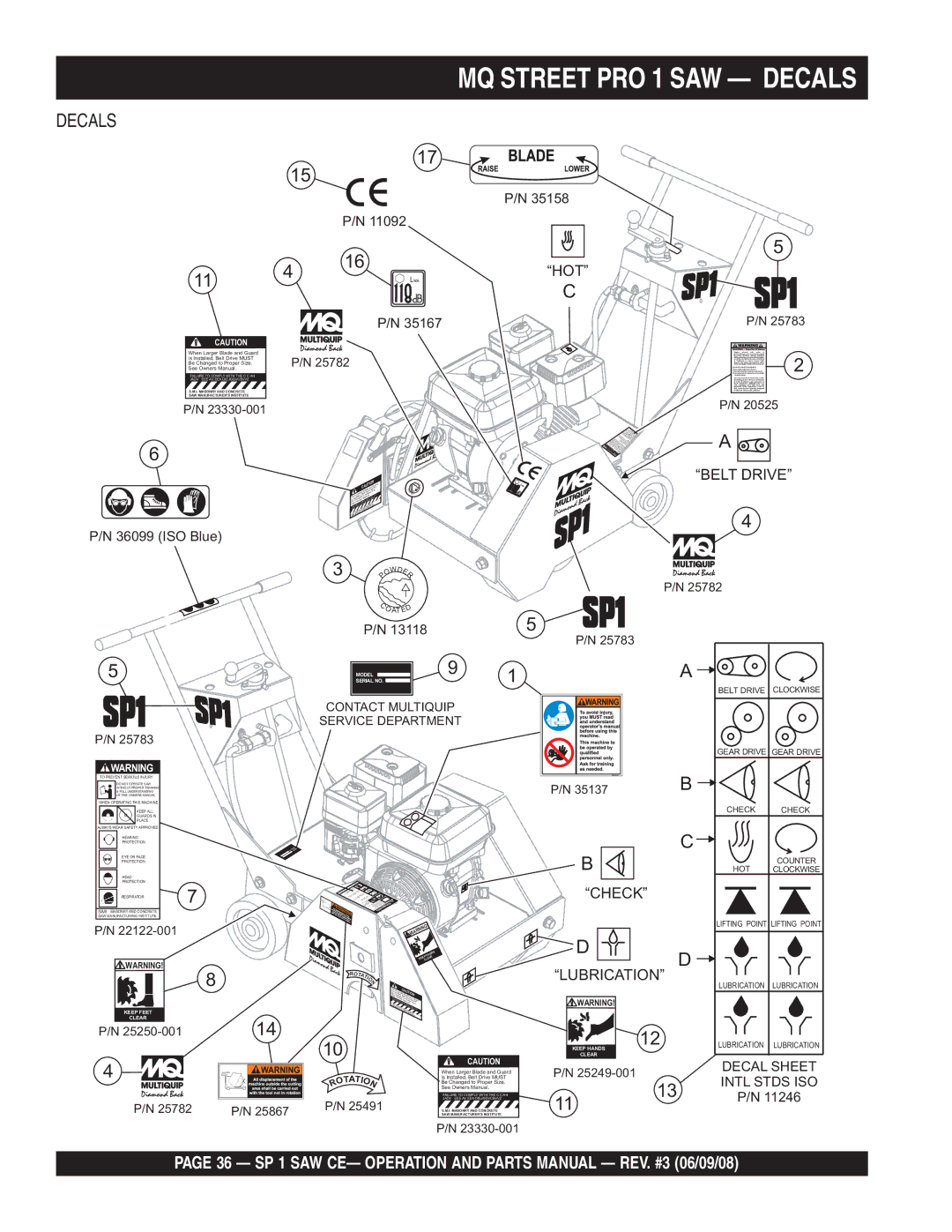 Multiquip SP1CE13H18 manual MQ Street PRO 1 SAW Decals 