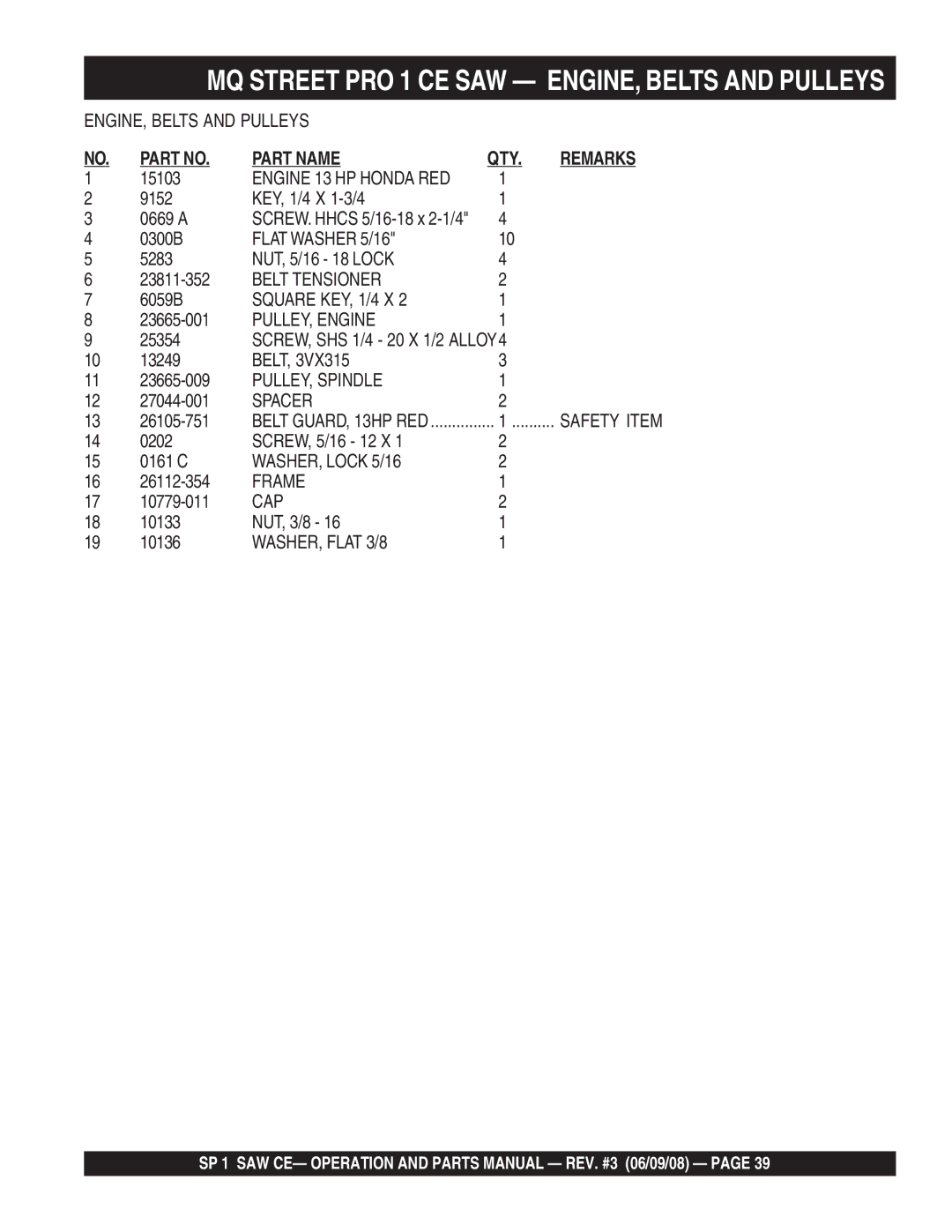 Multiquip SP1CE13H18 Flat Washer 5/16, Belt Tensioner, Square KEY, 1/4 X, PULLEY, Engine, PULLEY, Spindle, Spacer, Frame 