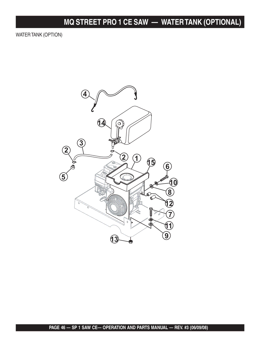 Multiquip SP1CE13H18 manual MQ Street PRO 1 CE SAW Watertank Optional, Water Tank Option 