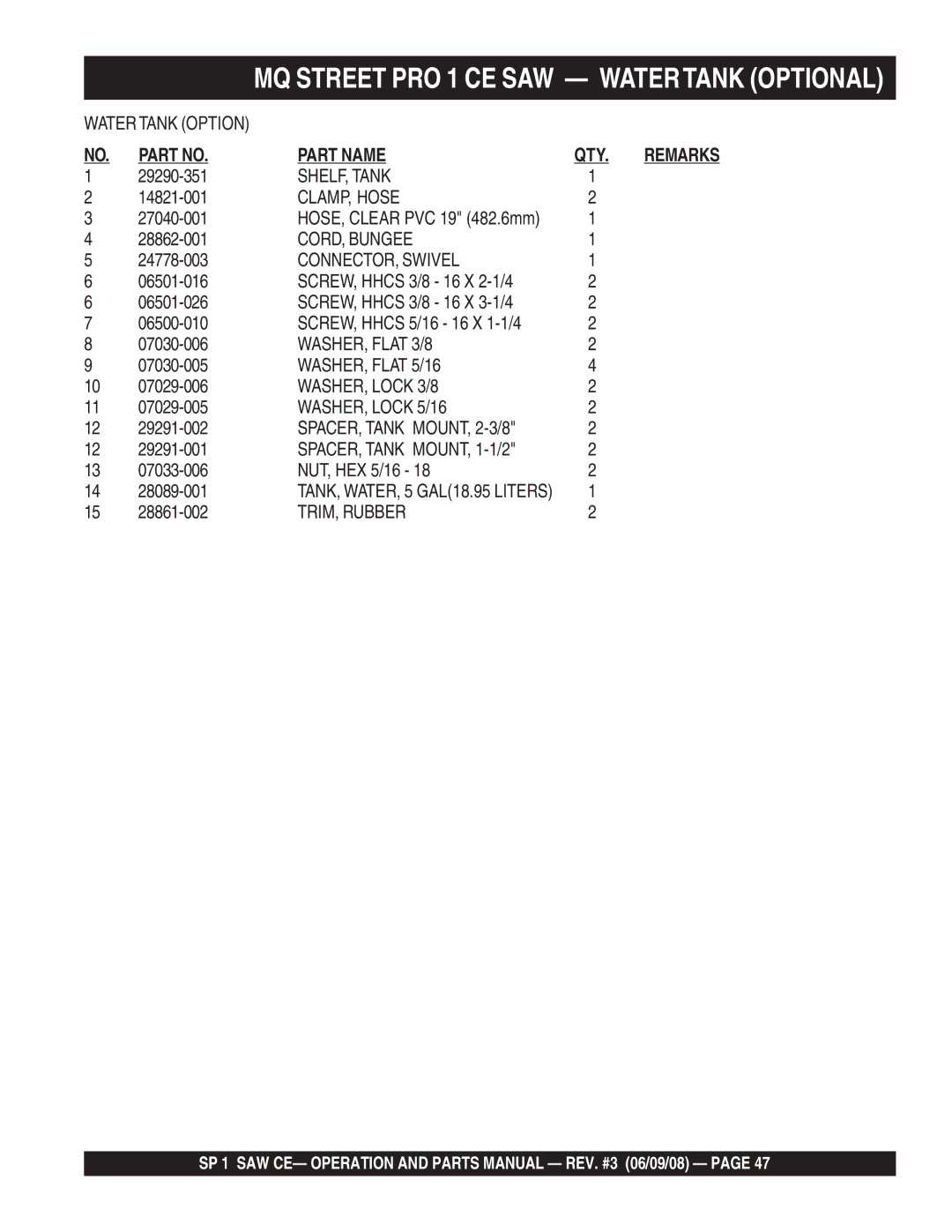 Multiquip SP1CE13H18 manual SHELF, Tank, CLAMP, Hose, CORD, Bungee, CONNECTOR, Swivel, WASHER, Flat 5/16, WASHER, Lock 3/8 