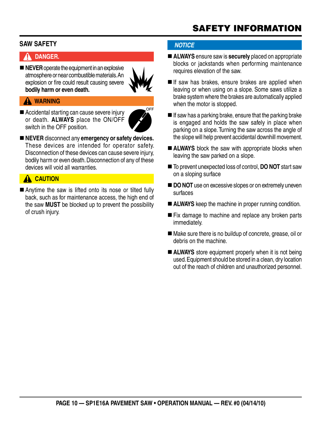 Multiquip SP1E16A operation manual SaW SaFeTy 