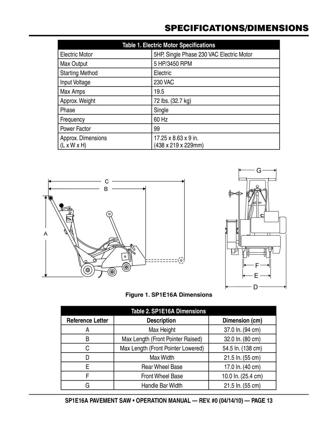 Multiquip SP1E16A operation manual Specifications/dimensions, Electric Motor Specifications 