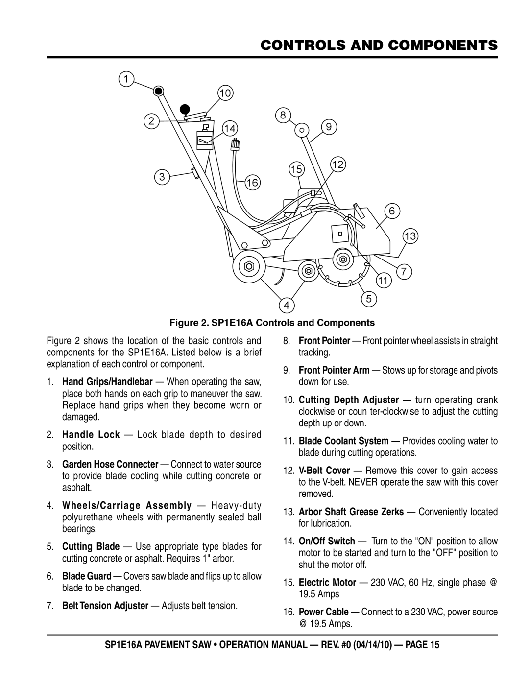 Multiquip operation manual Controls and components, SP1E16A Controls and Components 