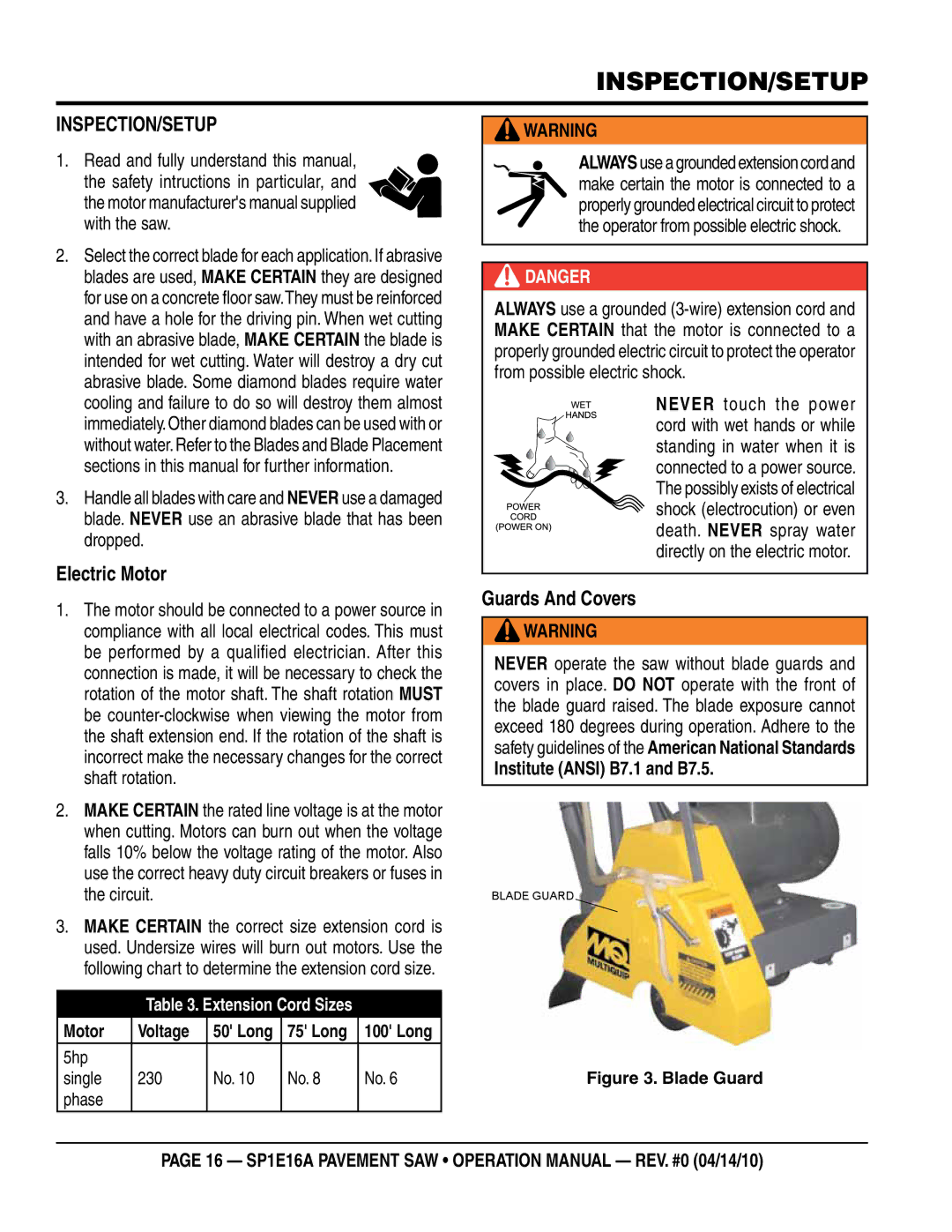 Multiquip SP1E16A operation manual Inspection/setup, Electric Motor, Guards And Covers 