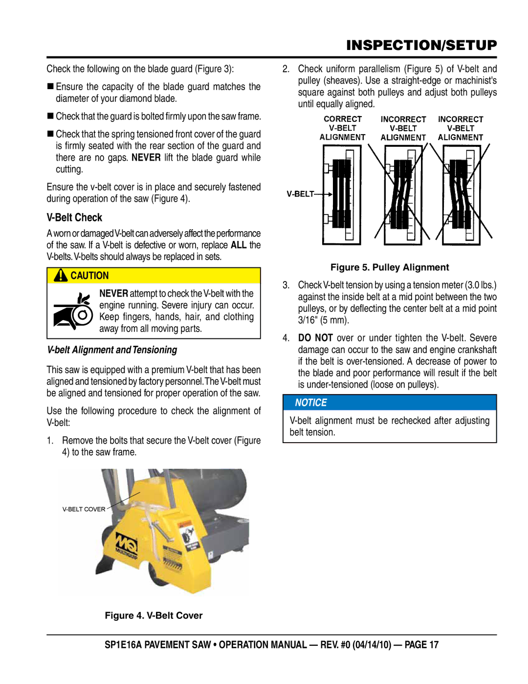 Multiquip SP1E16A operation manual Belt Check, Belt Alignment and Tensioning 