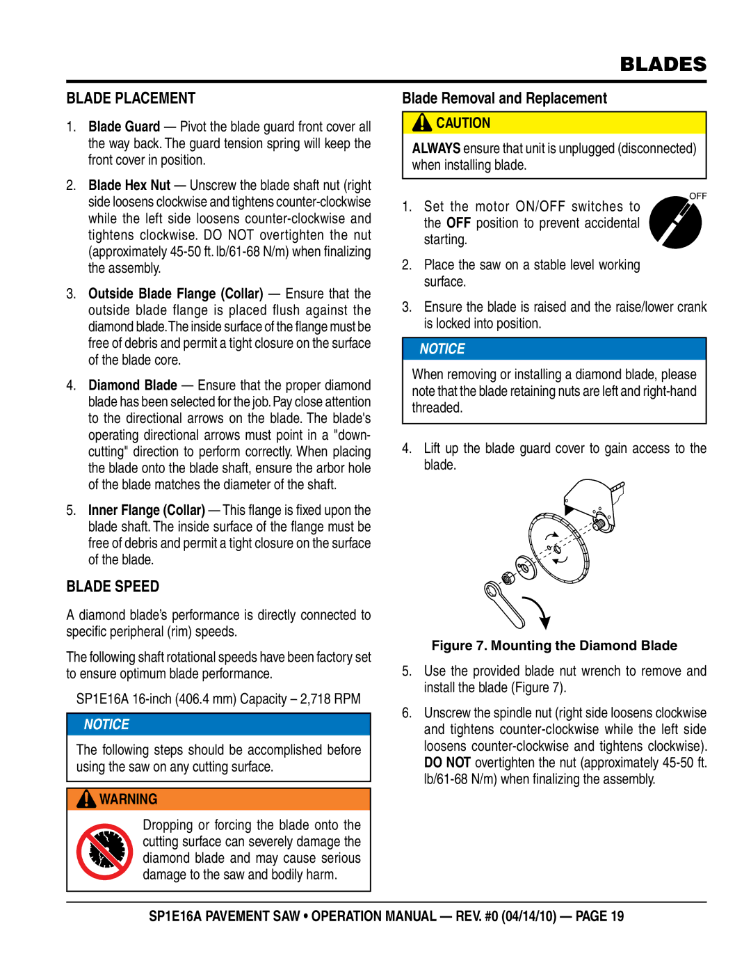 Multiquip SP1E16A operation manual Blade Speed, Blade Removal and Replacement 