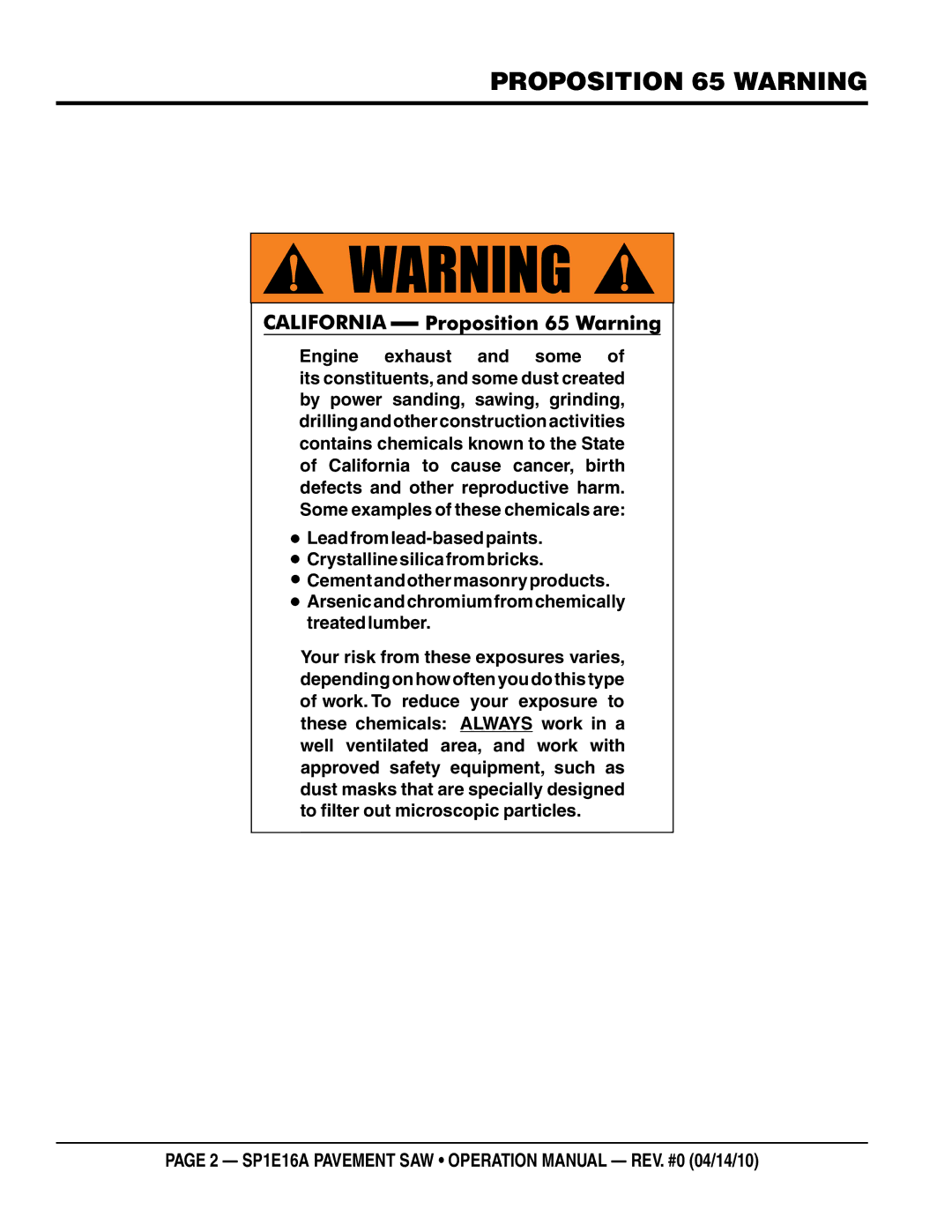 Multiquip SP1E16A operation manual Proposition 65 warning 