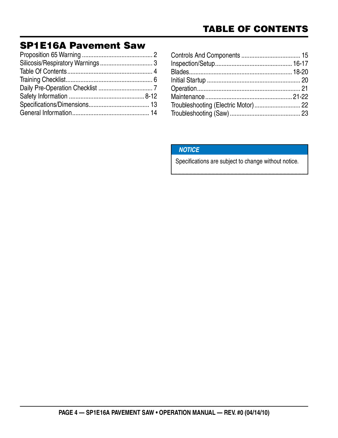 Multiquip operation manual SP1E16A Pavement Saw, Table of Contents 