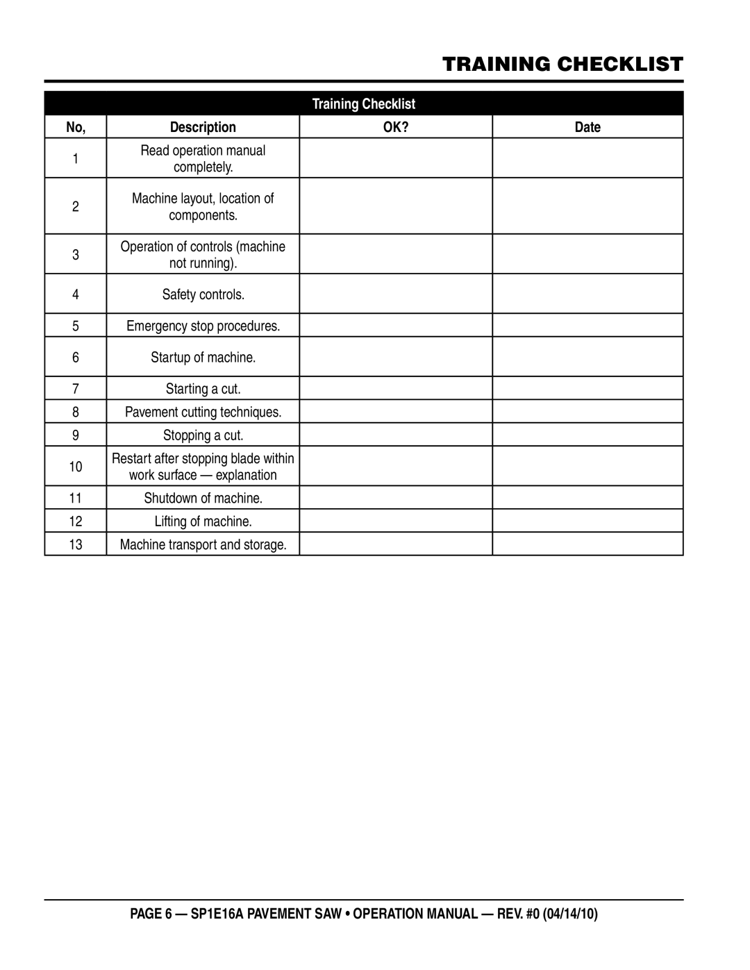 Multiquip SP1E16A operation manual Training checklist, Training Checklist 