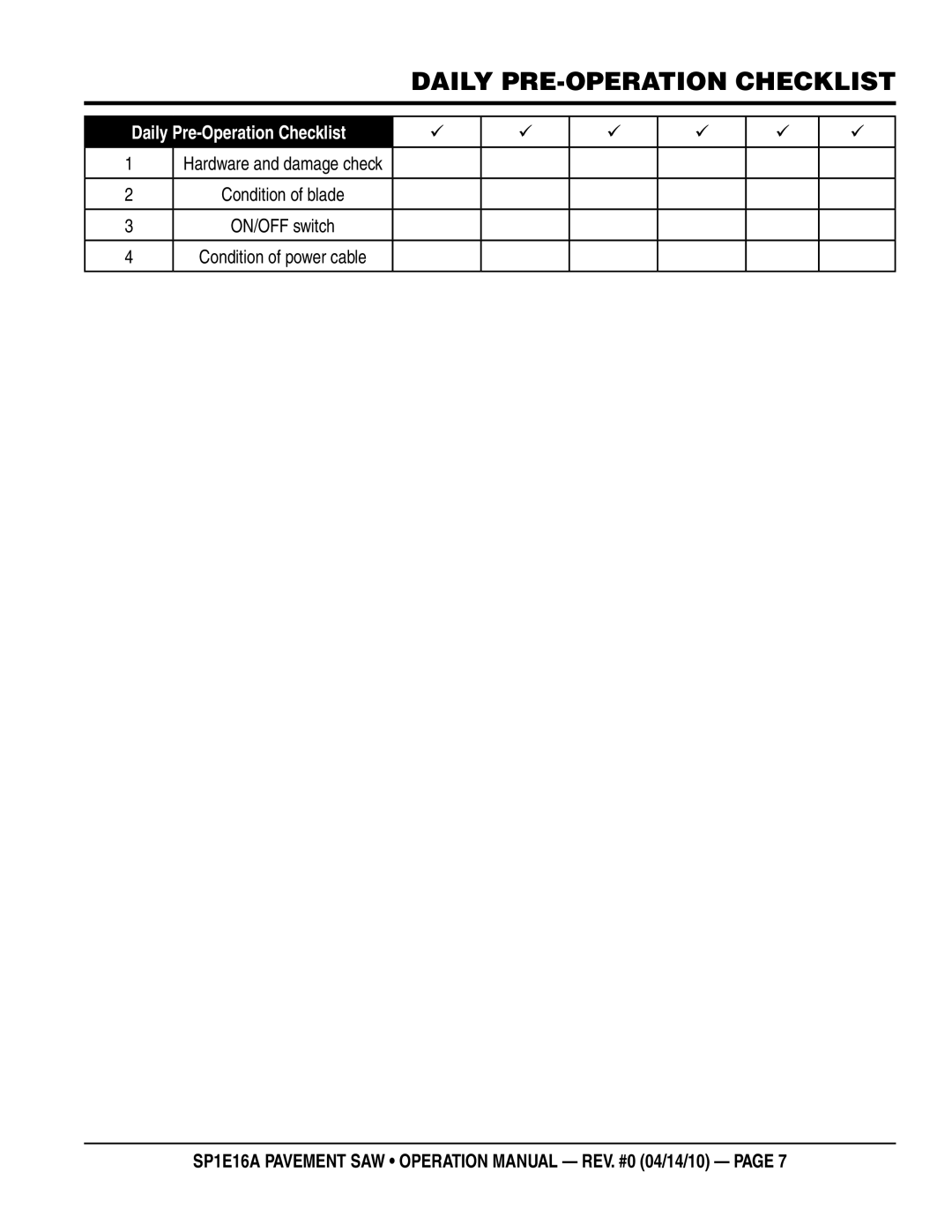 Multiquip SP1E16A operation manual Daily pre-operation checklist 