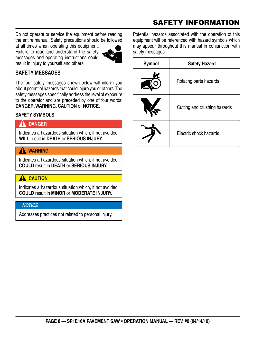 Multiquip SP1E16A operation manual Safety Information, SaFeTy MeSSageS 