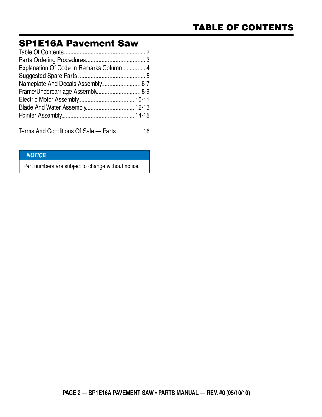 Multiquip manual SP1E16A Pavement Saw, Table of Contents 