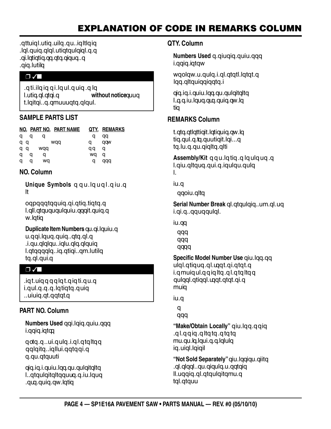 Multiquip SP1E16A manual Explanation of Code in Remarks Column, SaMple parTS liST 