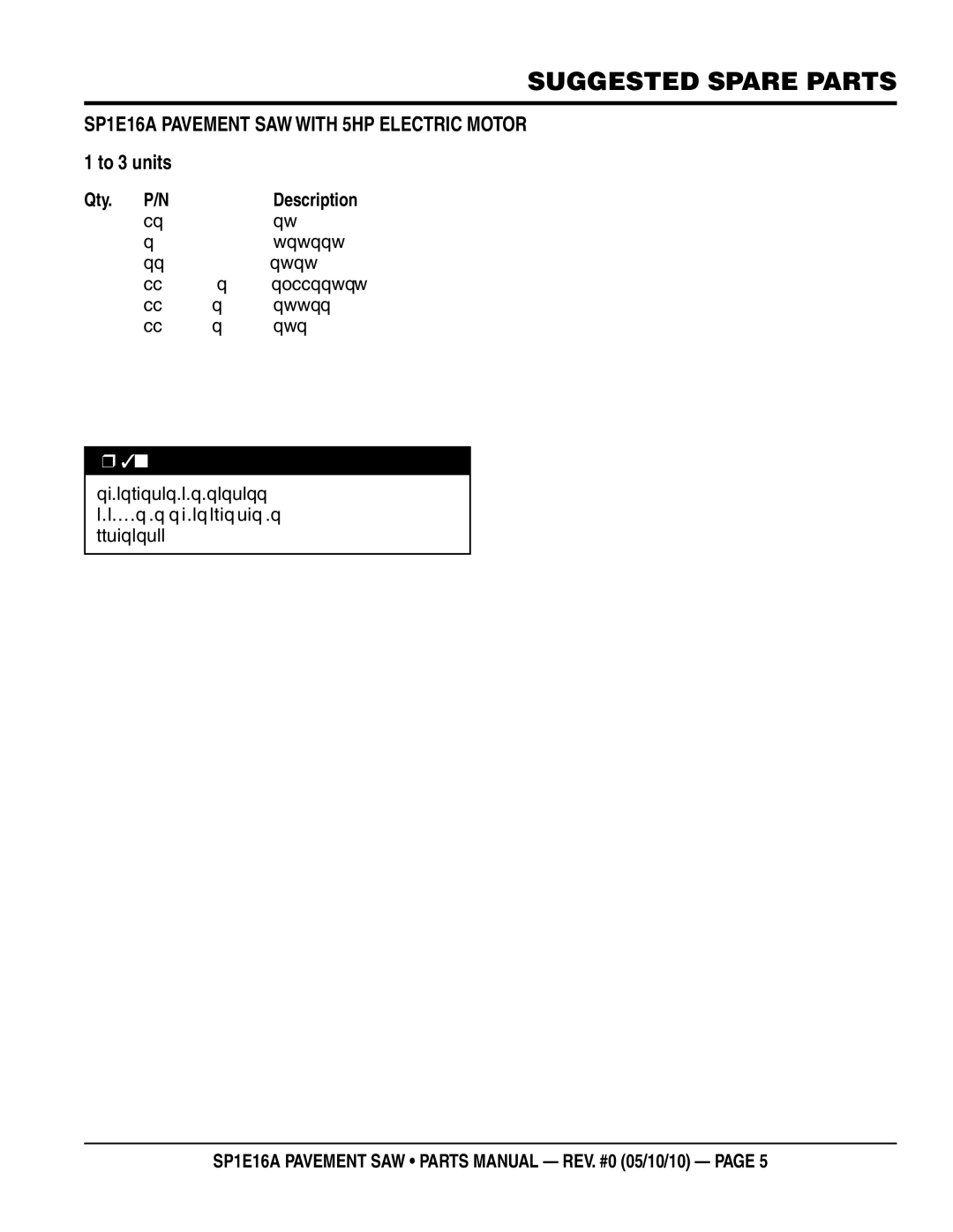 Multiquip SP1E16A manual Suggested Spare Parts, Sp1e16a pavement saw with 5hp electric motor 1 to 3 units 