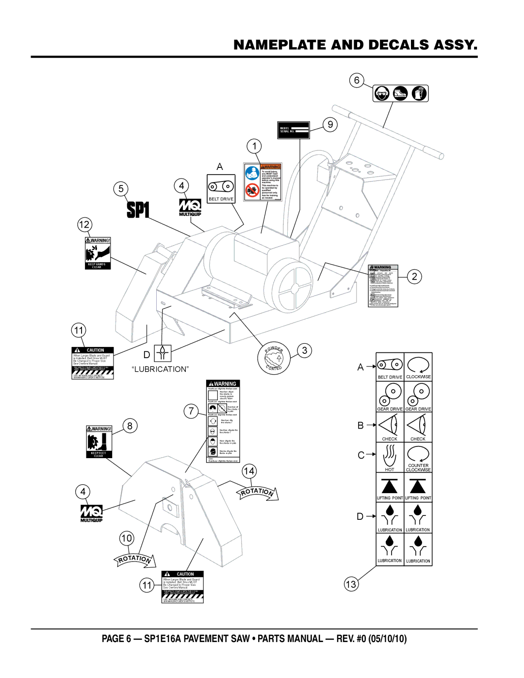 Multiquip SP1E16A manual Nameplate and decals assy, Belt Drive 