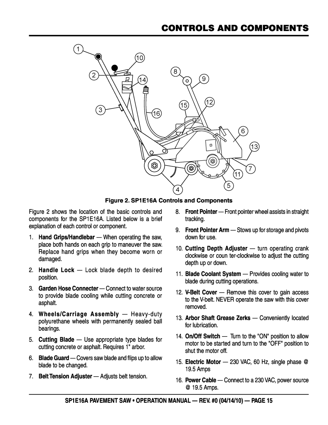 Multiquip SP1E16A operation manual controls and components 