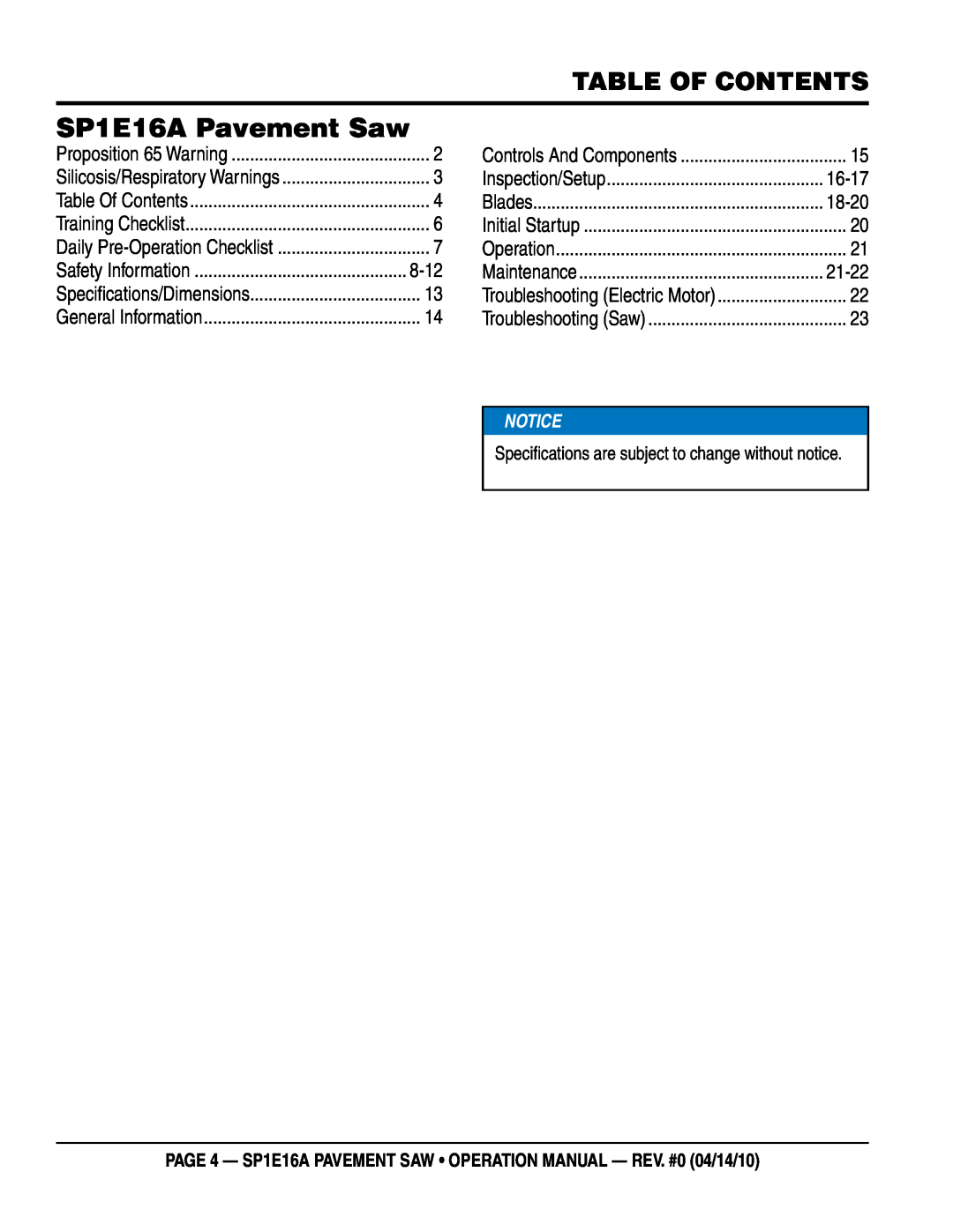 Multiquip Table of Contents, page 4 - SP1E16A PAVEMENT SAW operation manual - rev. #0 04/14/10, SP1E16A Pavement Saw 