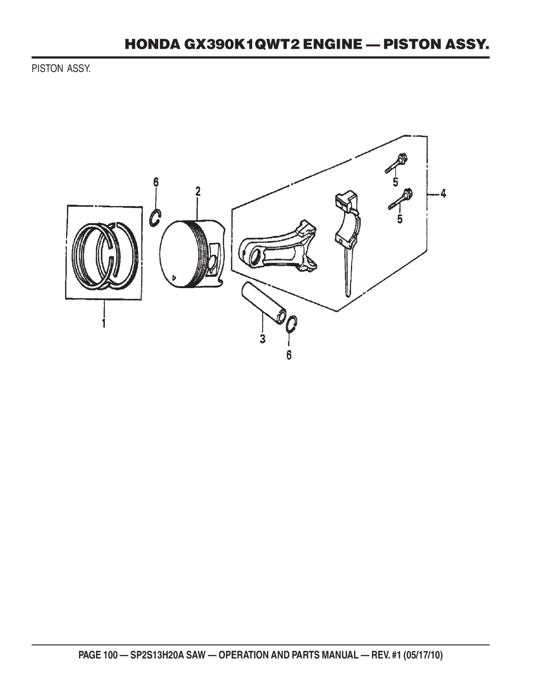 Multiquip SP2S13H20A manual Honda GX390K1QWT2 Engine Piston Assy 