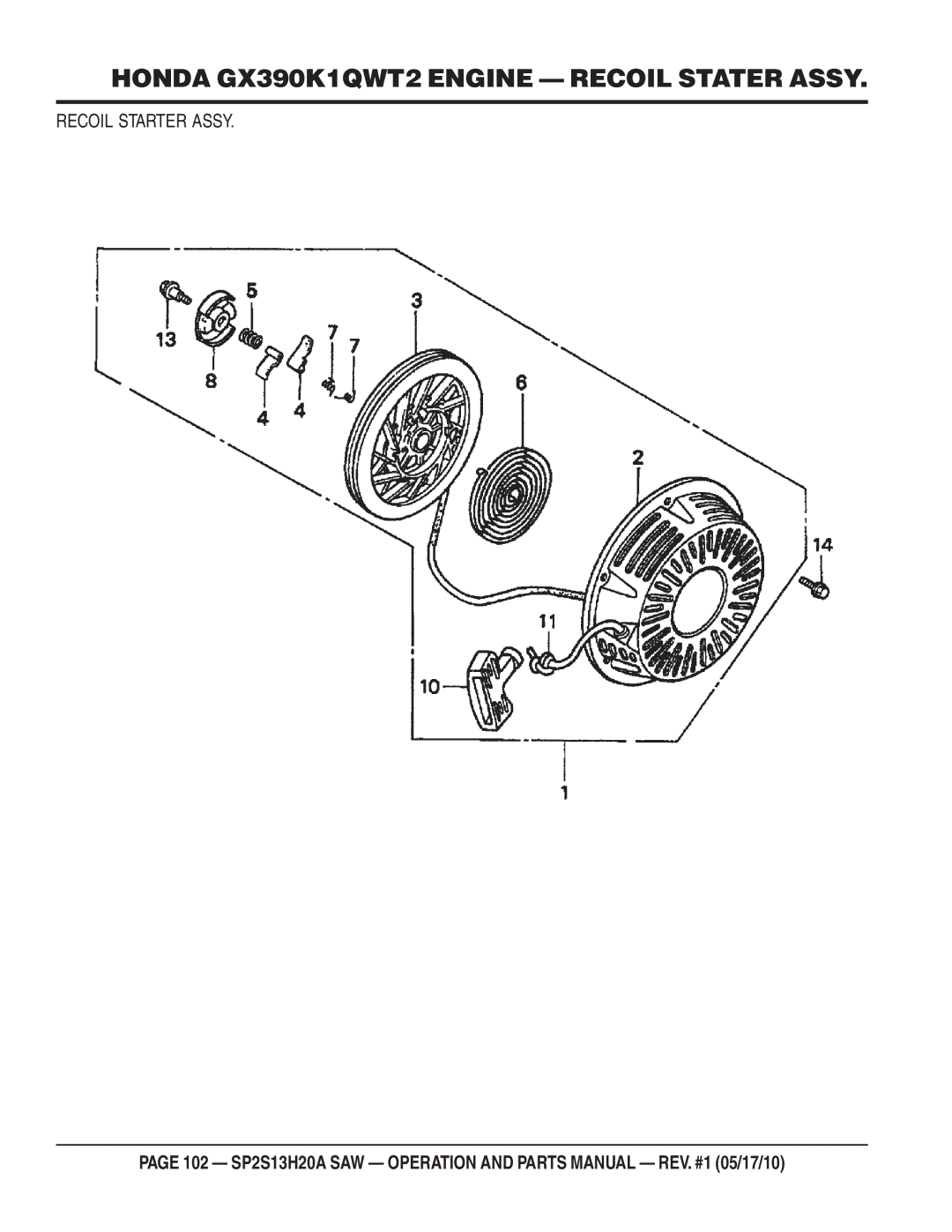 Multiquip SP2S13H20A manual Honda GX390K1QWT2 Engine Recoil Stater Assy, Recoil Starter Assy 