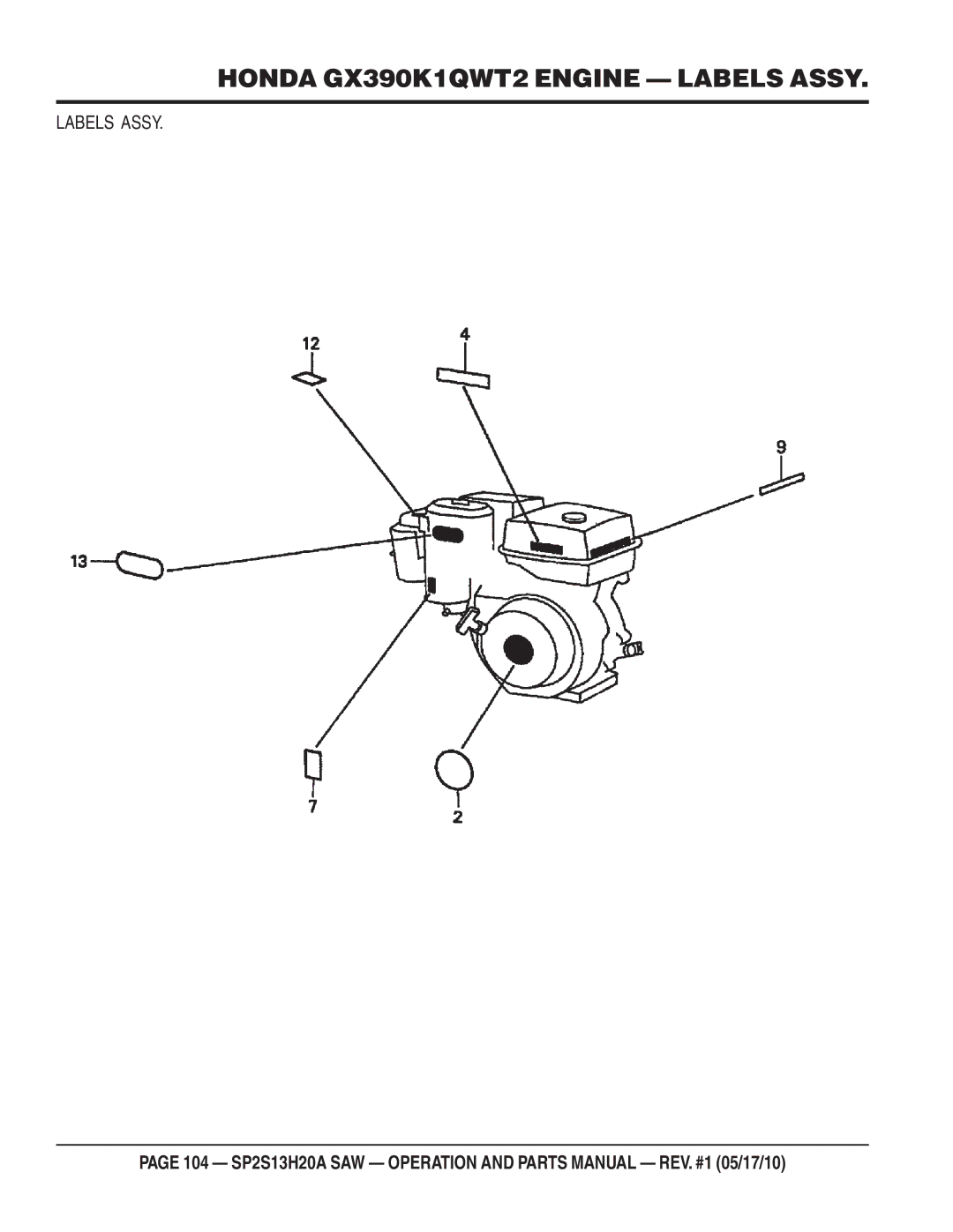 Multiquip SP2S13H20A manual Honda GX390K1QWT2 Engine Labels Assy 