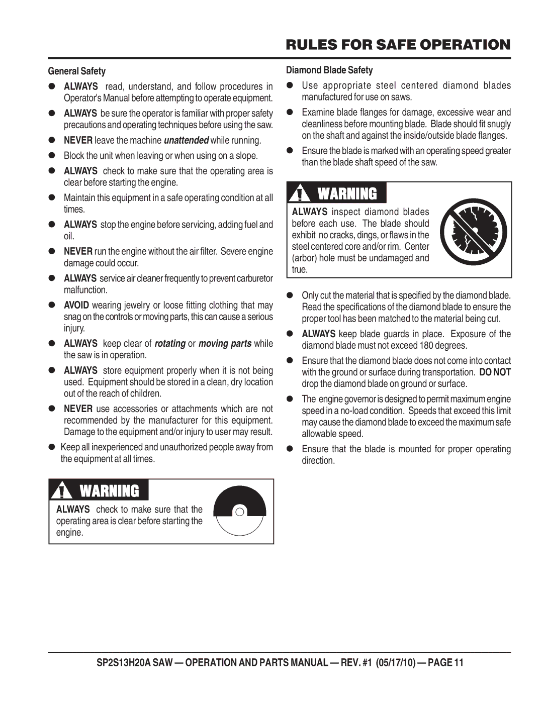 Multiquip SP2S13H20A manual General Safety, Diamond Blade Safety 