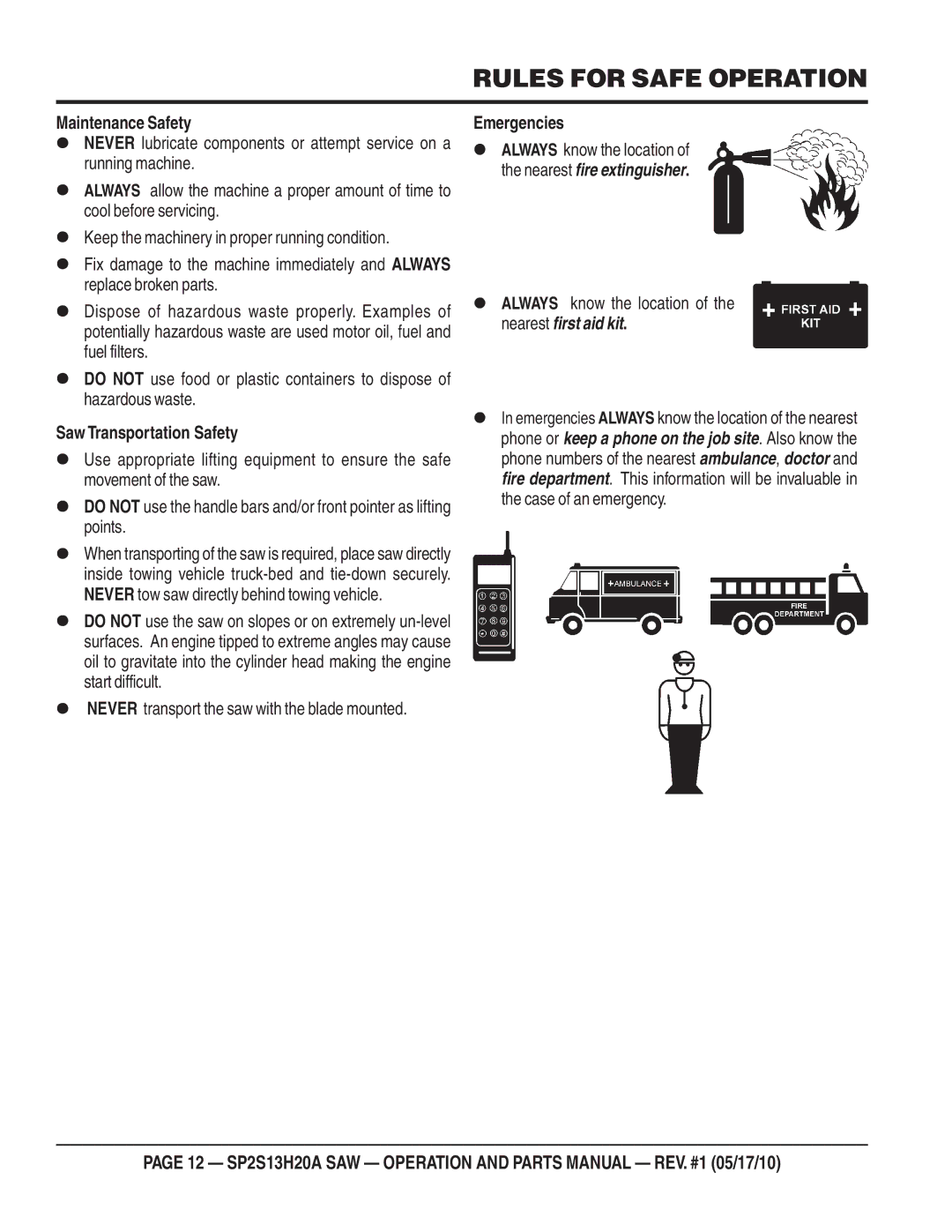 Multiquip SP2S13H20A manual Maintenance Safety, Saw Transportation Safety, Emergencies 