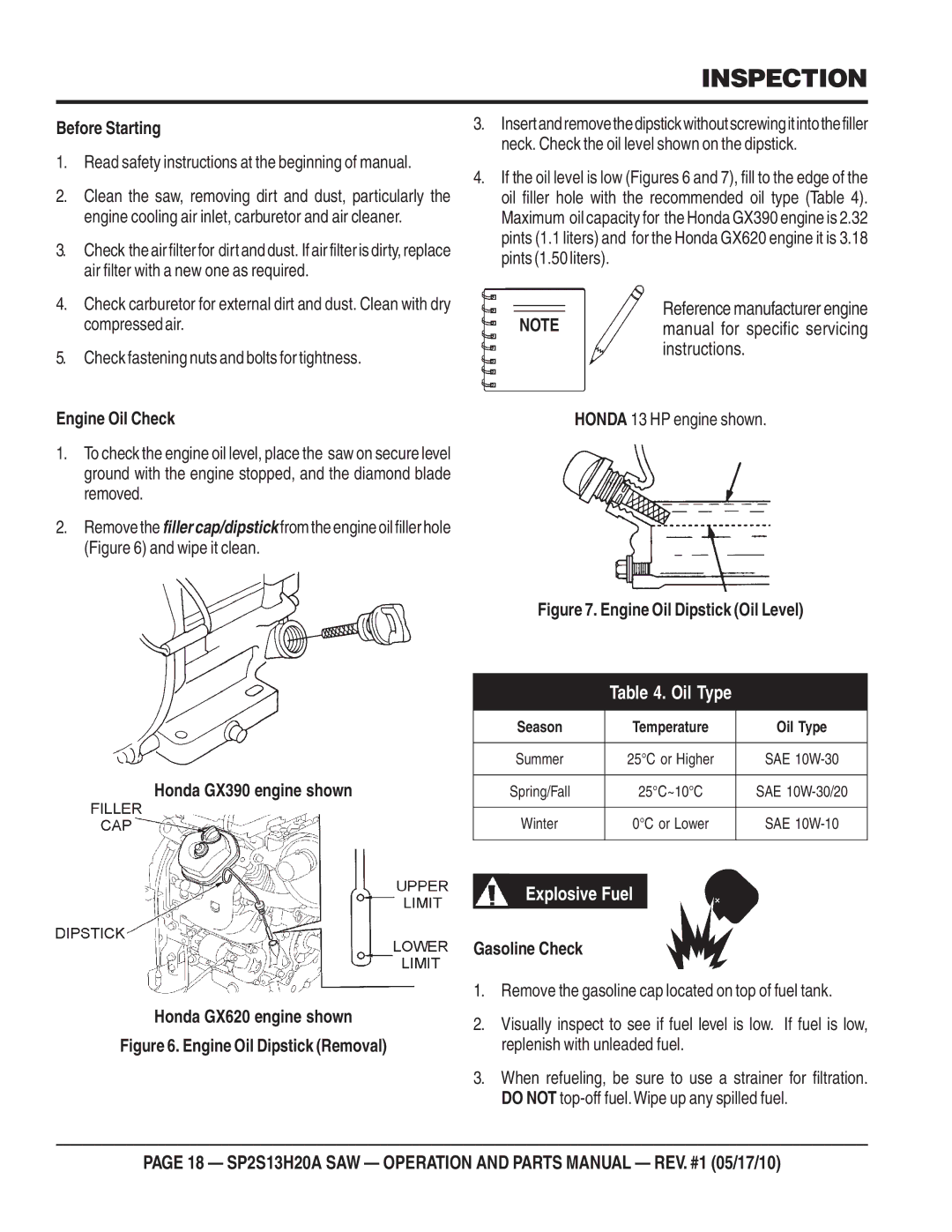 Multiquip SP2S13H20A manual Inspection, Before Starting, Engine Oil Check, Honda 13 HP engine shown, Gasoline Check 