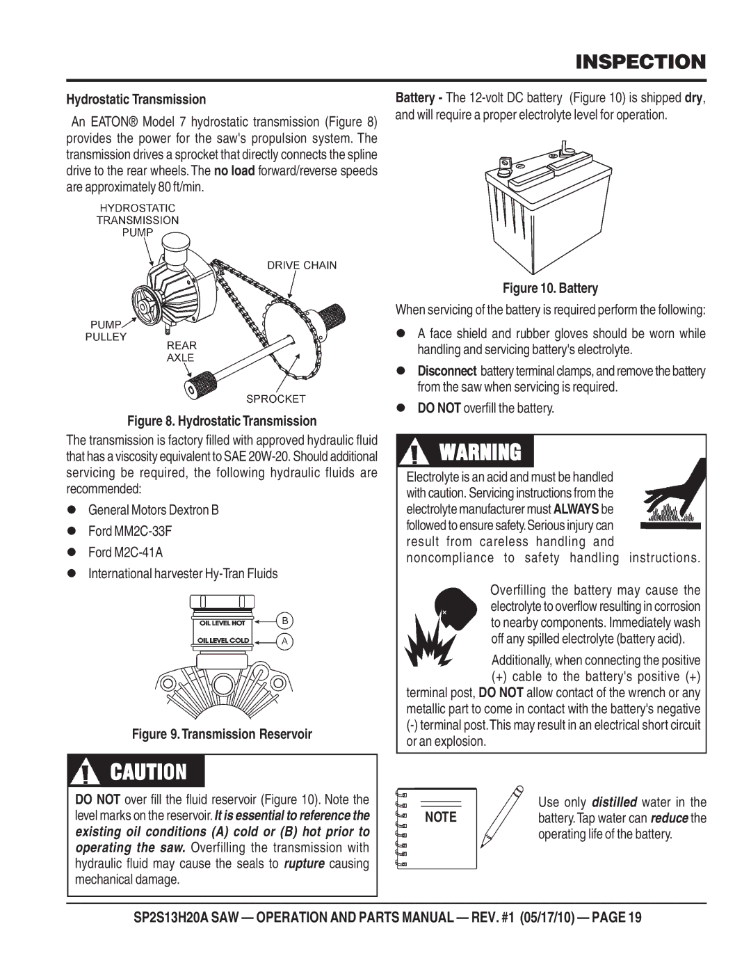 Multiquip SP2S13H20A manual Hydrostatic Transmission, Additionally, when connecting the positive, Use only distilled water 