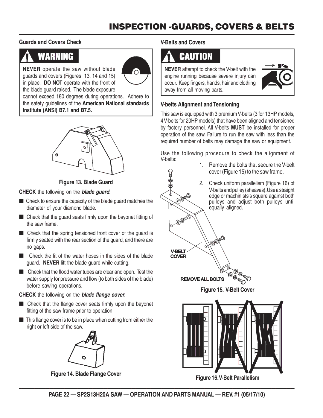 Multiquip SP2S13H20A manual Inspection -GUARDS, Covers & Belts, Guards and Covers Check, Institute Ansi B7.1 and B7.5 