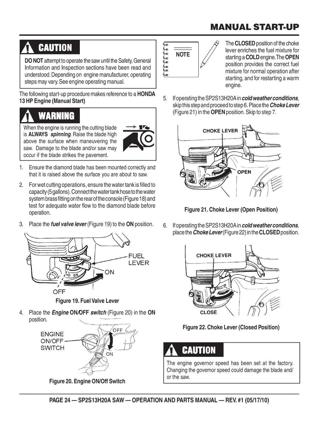 Multiquip SP2S13H20A manual Manual START-UP, Fuel Valve Lever 