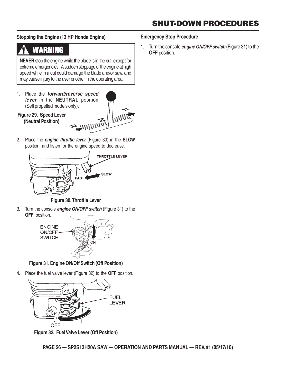 Multiquip SP2S13H20A manual SHUT-DOWN Procedures, Stopping the Engine 13 HP Honda Engine 