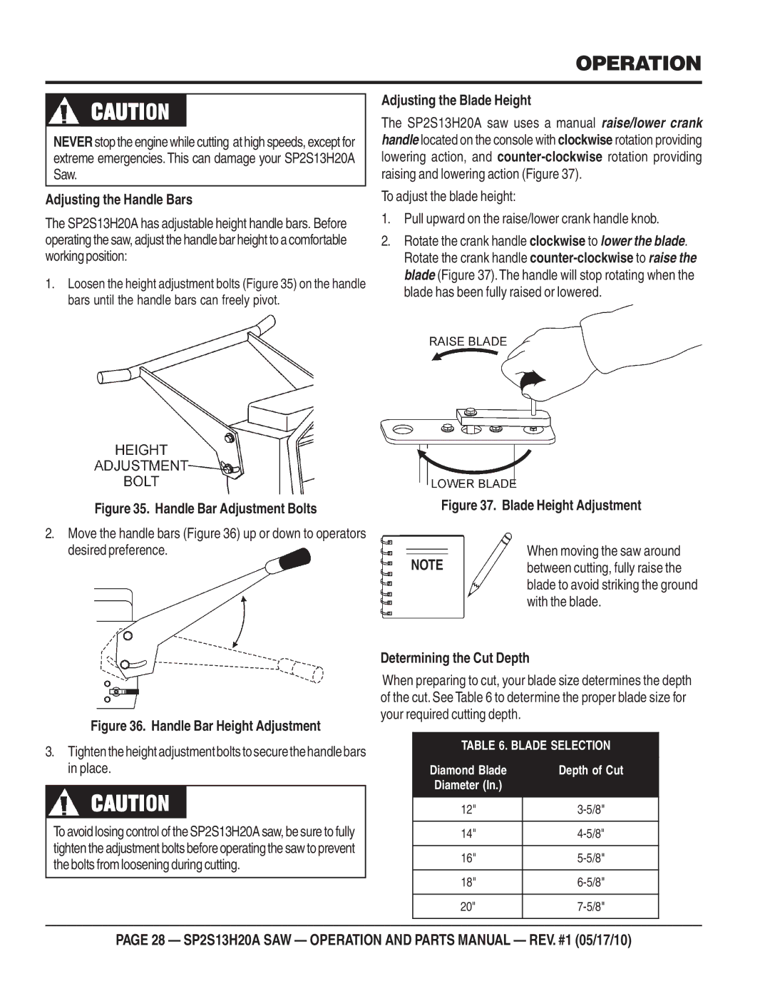 Multiquip SP2S13H20A manual Operation, Adjusting the Handle Bars, Adjusting the Blade Height, When moving the saw around 