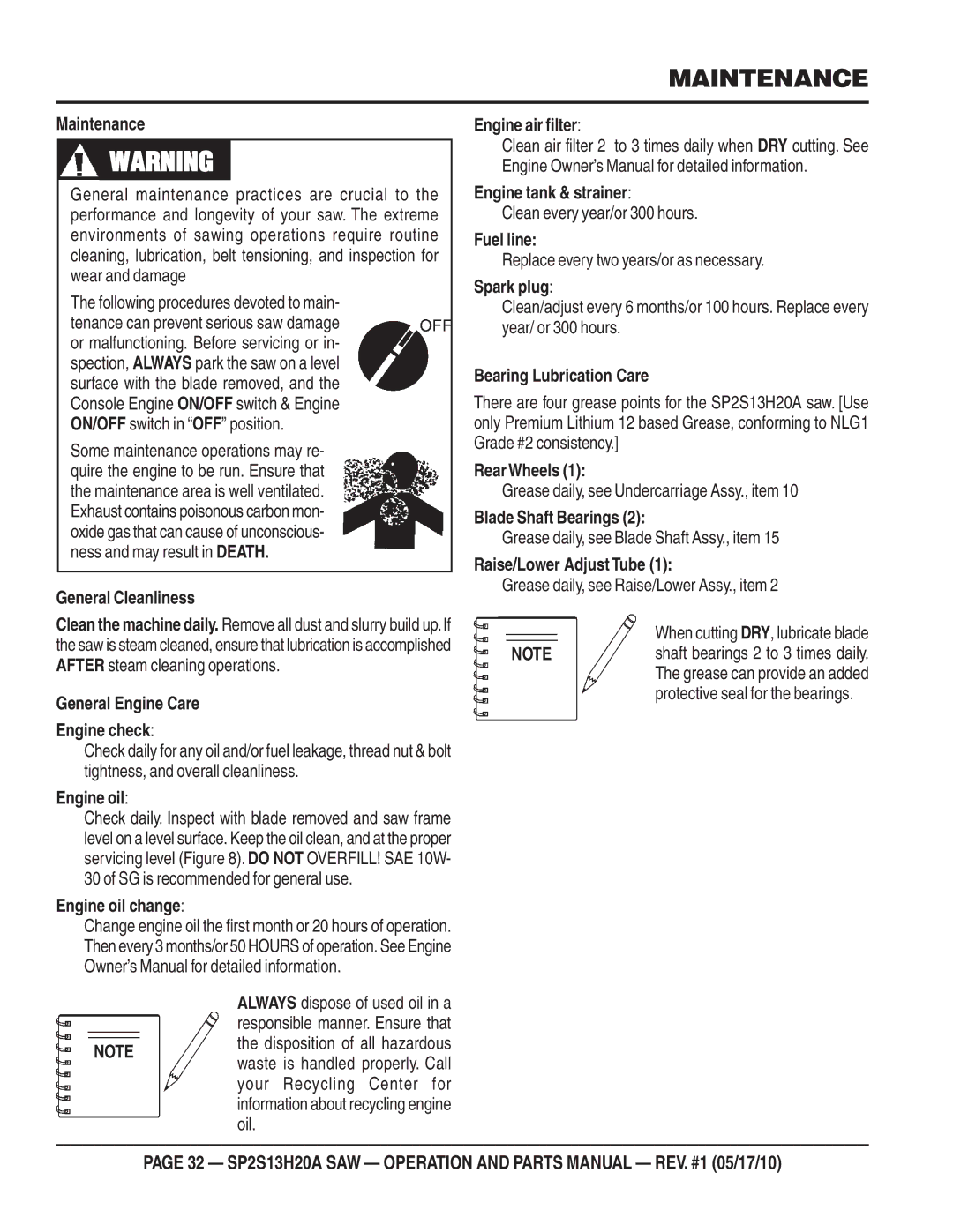 Multiquip SP2S13H20A manual Maintenance 