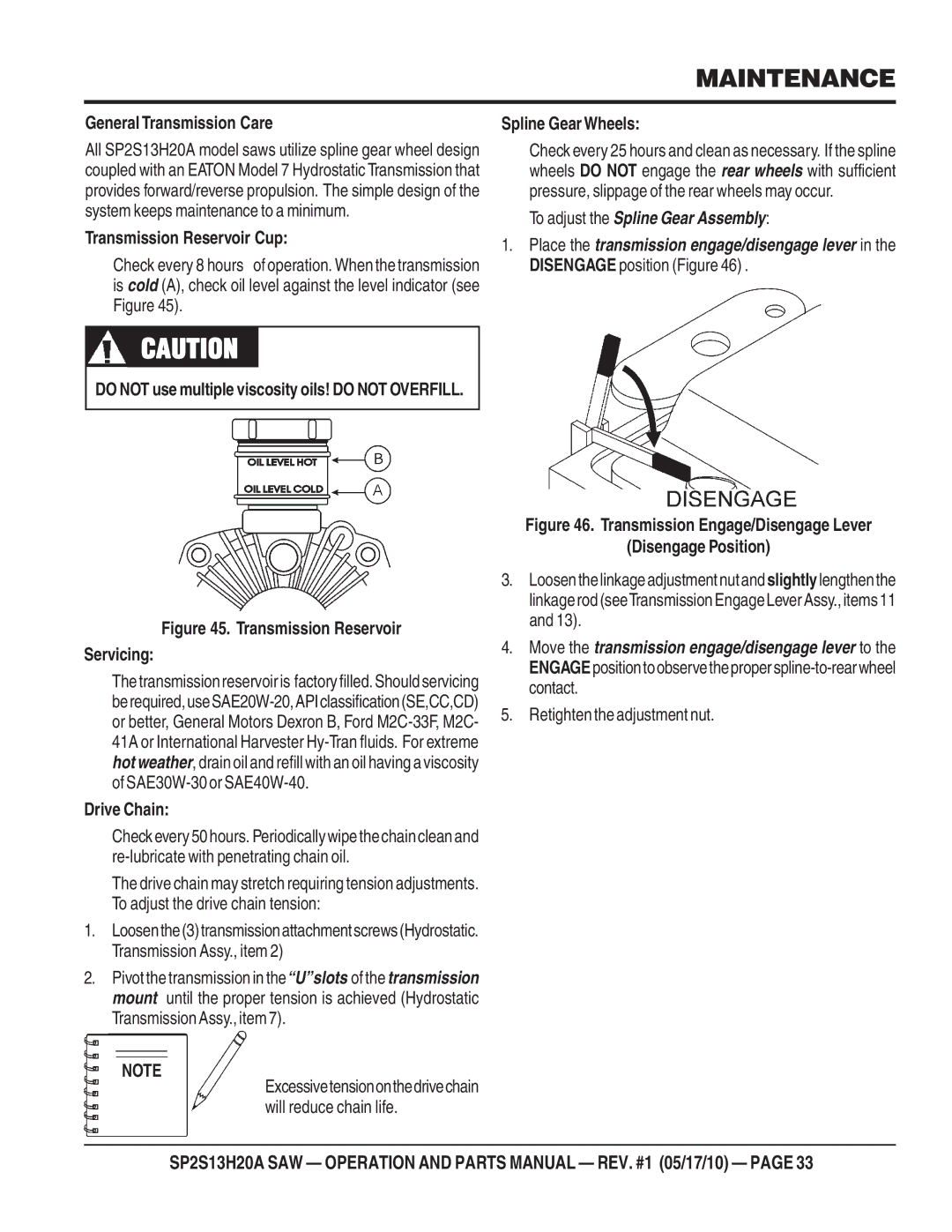 Multiquip SP2S13H20A manual General Transmission Care, Transmission Reservoir Cup, Spline GearWheels, Drive Chain 