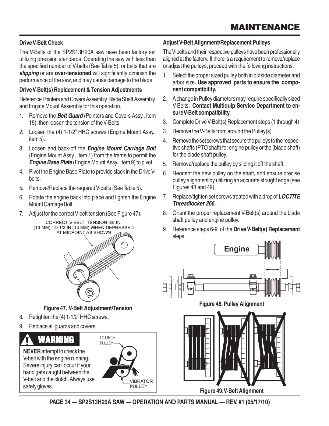 Multiquip SP2S13H20A manual DriveV-Belt Check, Loosen the 4 1-1/2 HHC screws Engine Mount Assy., item 