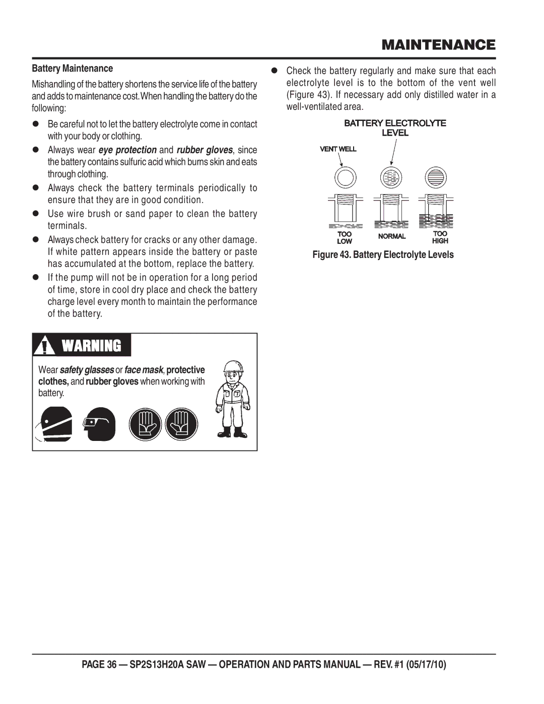 Multiquip SP2S13H20A manual Battery Maintenance, Battery Electrolyte Levels 