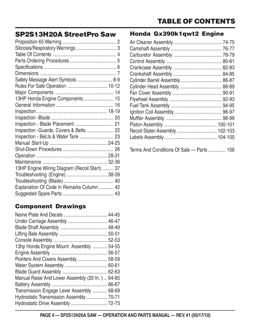 Multiquip SP2S13H20A manual Table of Contents 