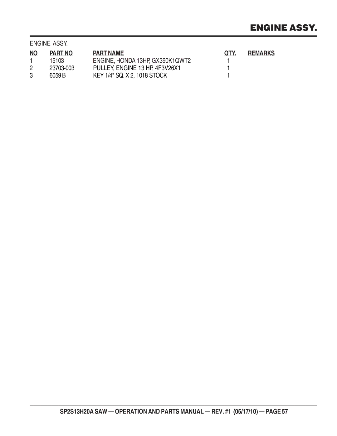 Multiquip SP2S13H20A manual Engine Assy, Part Name QTY. Remarks 