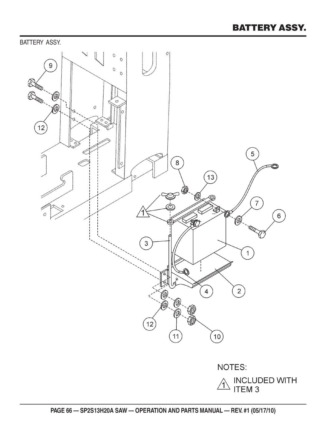 Multiquip SP2S13H20A manual Battery Assy 