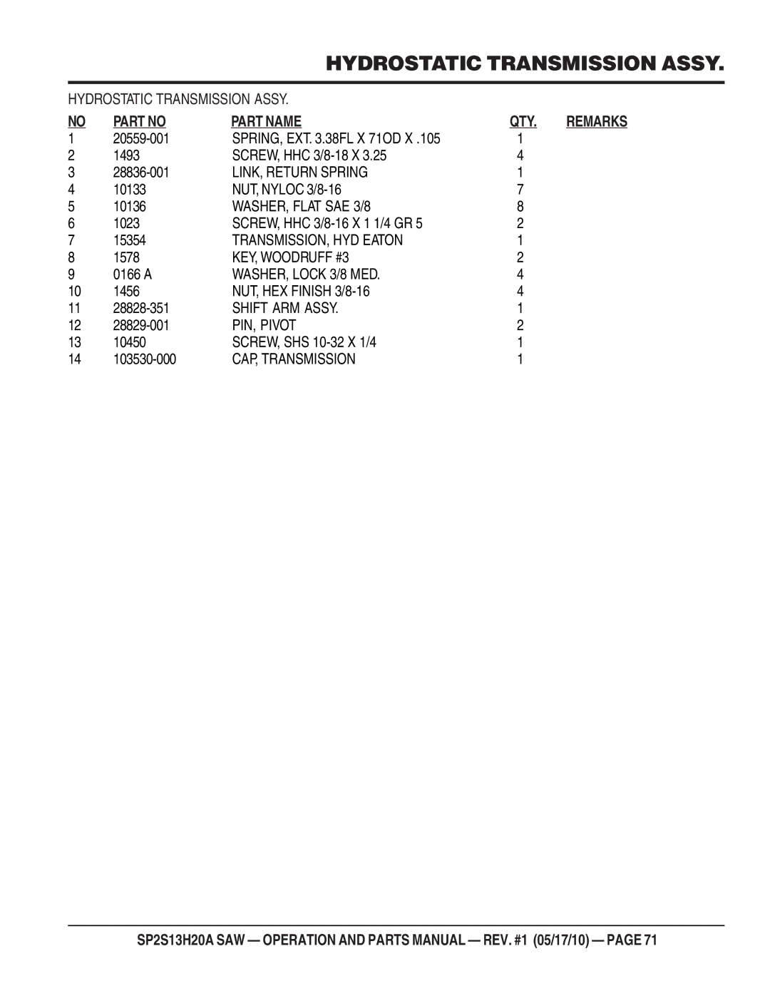 Multiquip SP2S13H20A manual Hydrostatic Transmission Assy 