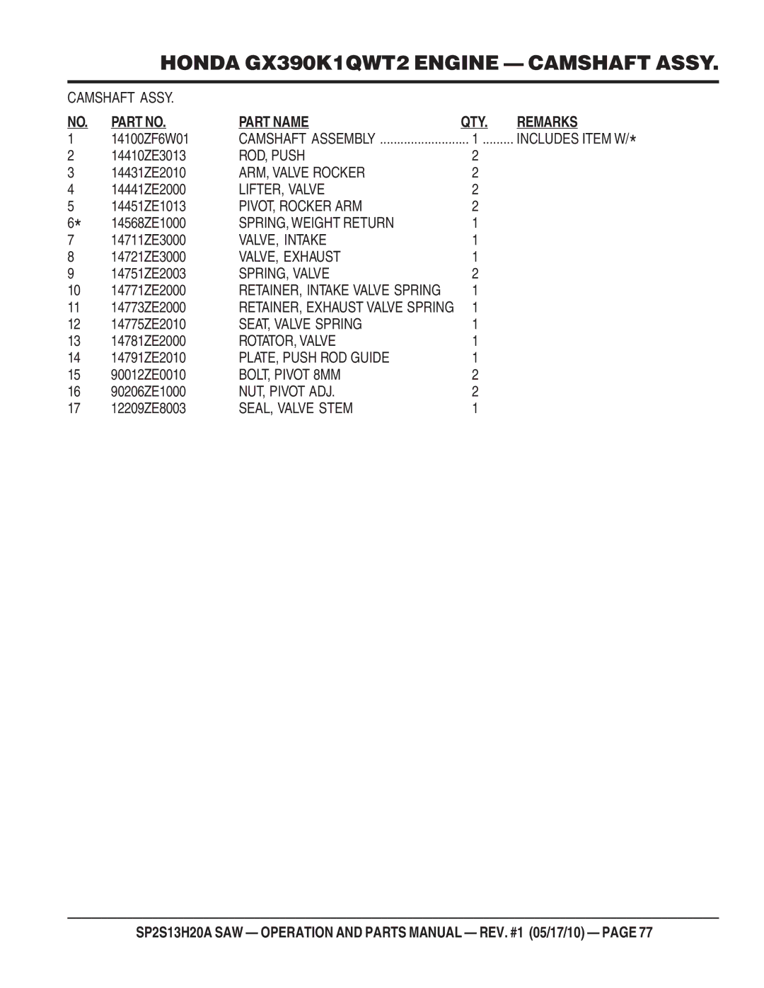 Multiquip SP2S13H20A ROD, Push, ARM, Valve Rocker, LIFTER, Valve, PIVOT, Rocker ARM, SPRING, Weight Return, VALVE, Intake 