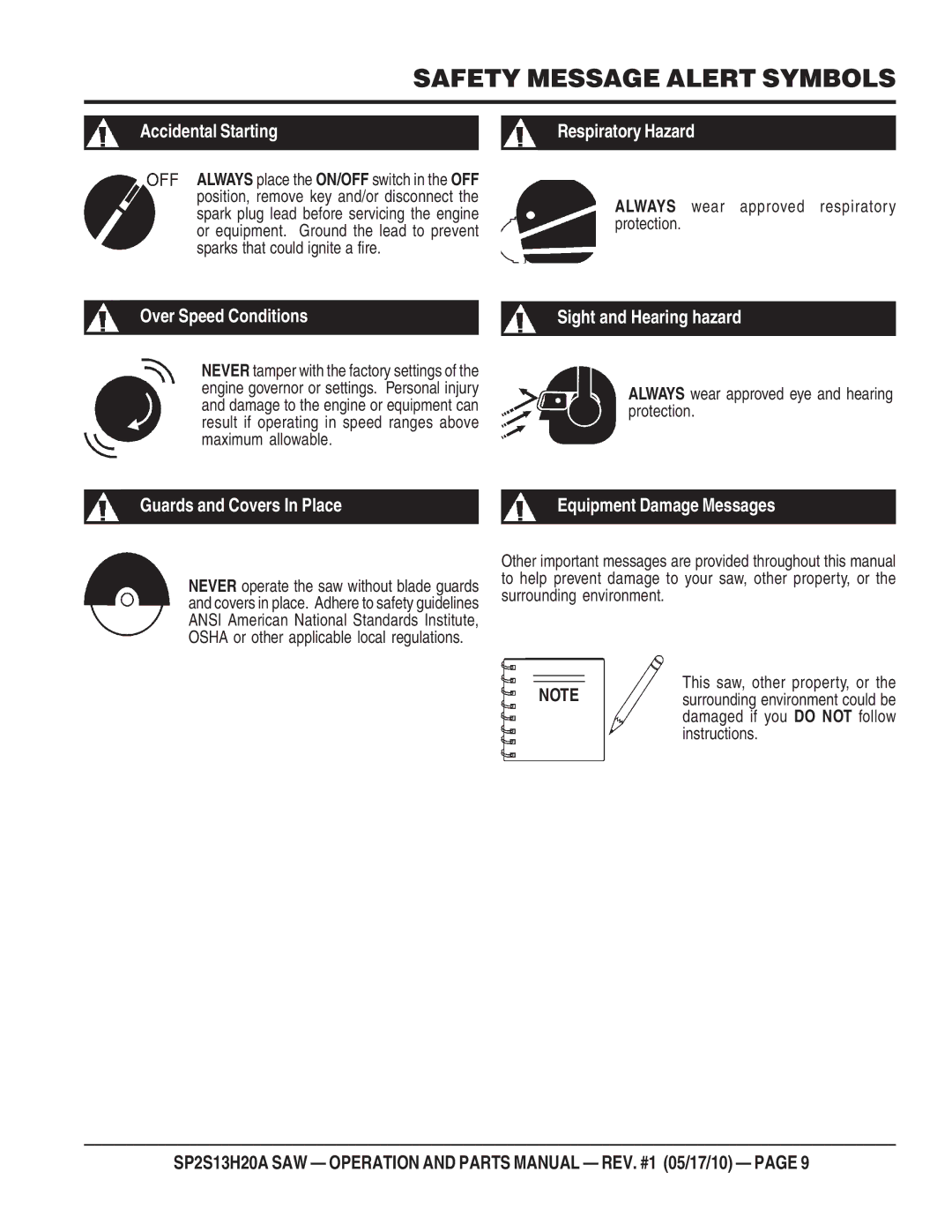 Multiquip SP2S13H20A manual Always wear approved respiratory protection, Always wear approved eye and hearing protection 