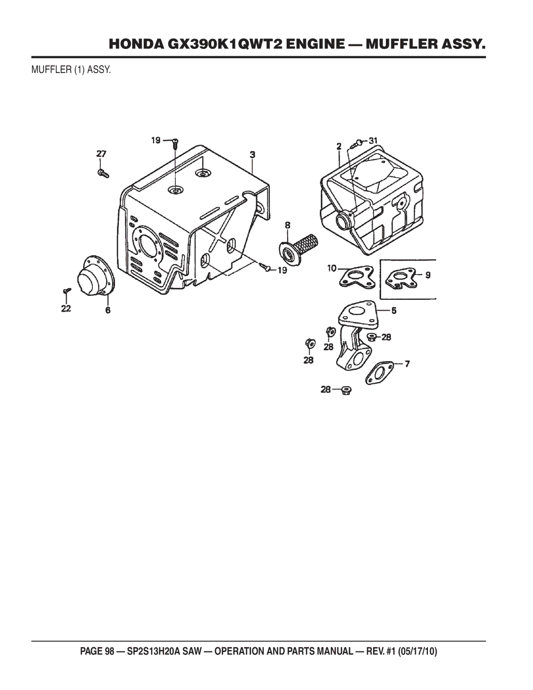 Multiquip SP2S13H20A manual Honda GX390K1QWT2 Engine Muffler Assy, Muffler 1 Assy 