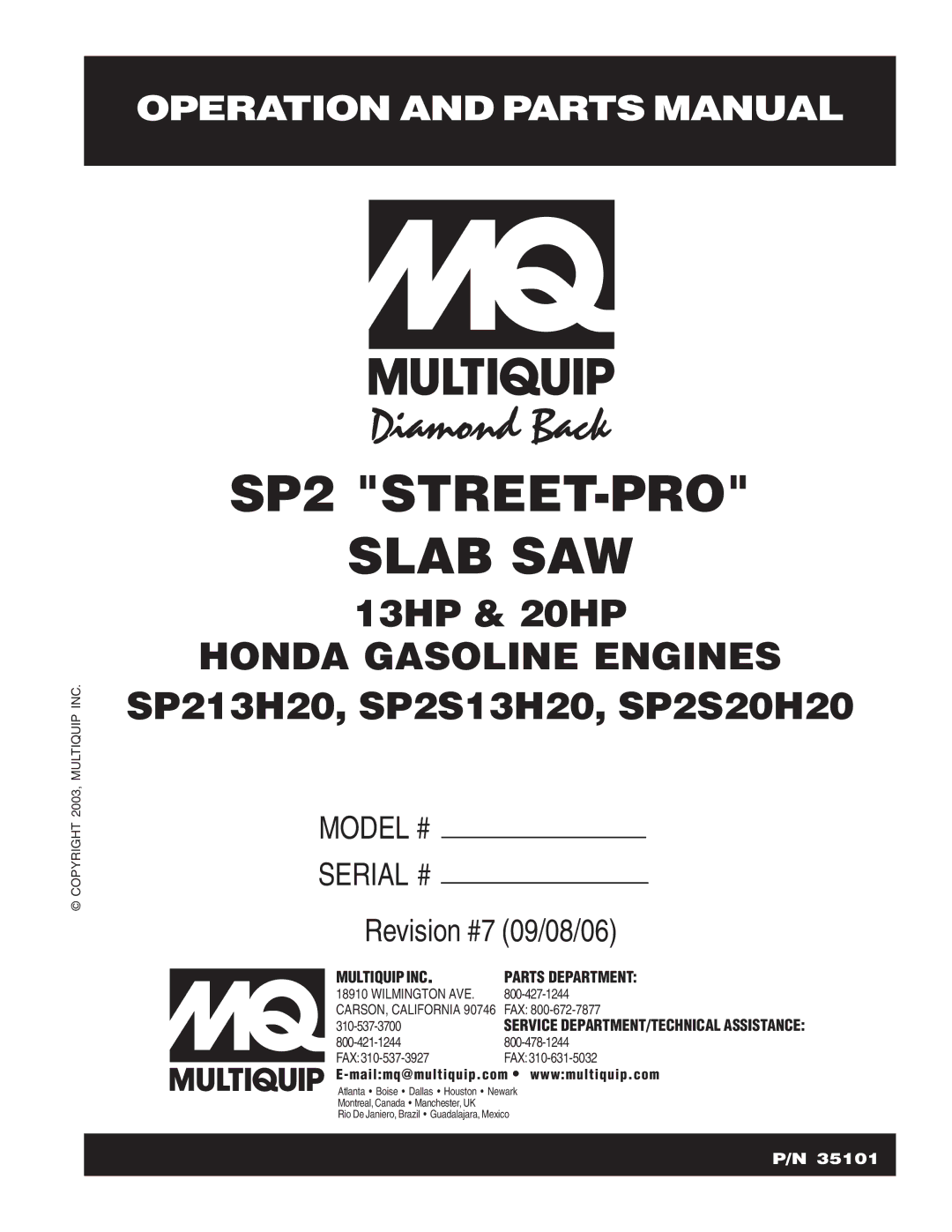 Multiquip SP213H20, SP2S20H20, SP2S13H20 manual SP2 STREET-PRO Slab SAW 