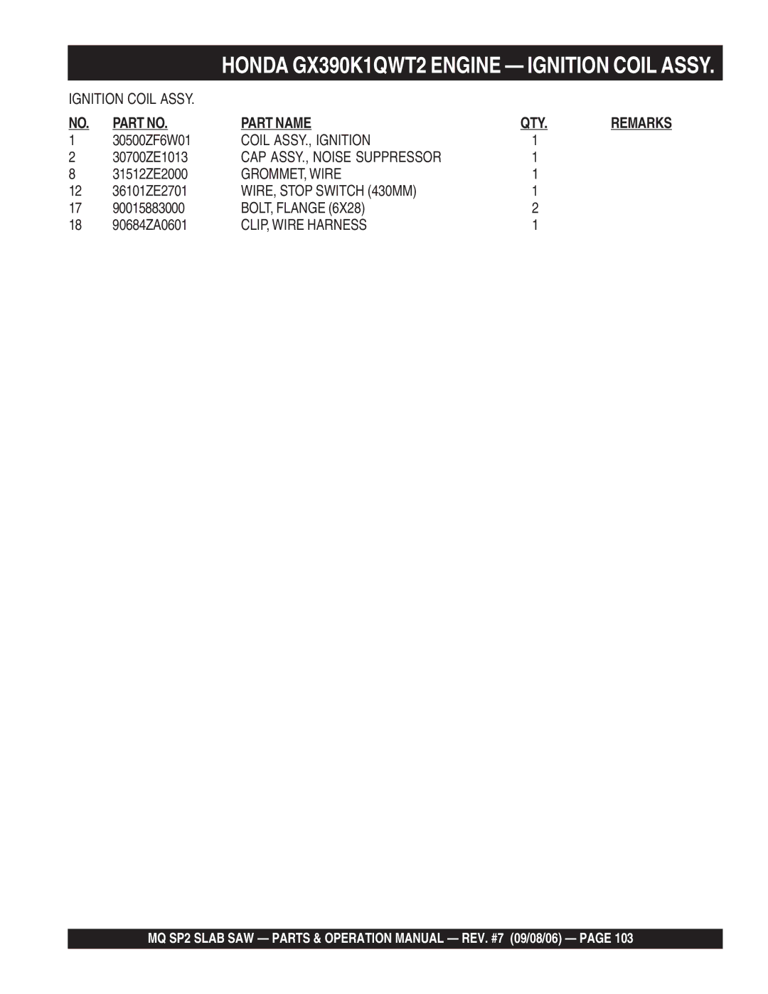 Multiquip SP213H20, SP2S20H20 Coil ASSY., Ignition, CAP ASSY., Noise Suppressor, GROMMET, Wire, WIRE, Stop Switch 430MM 