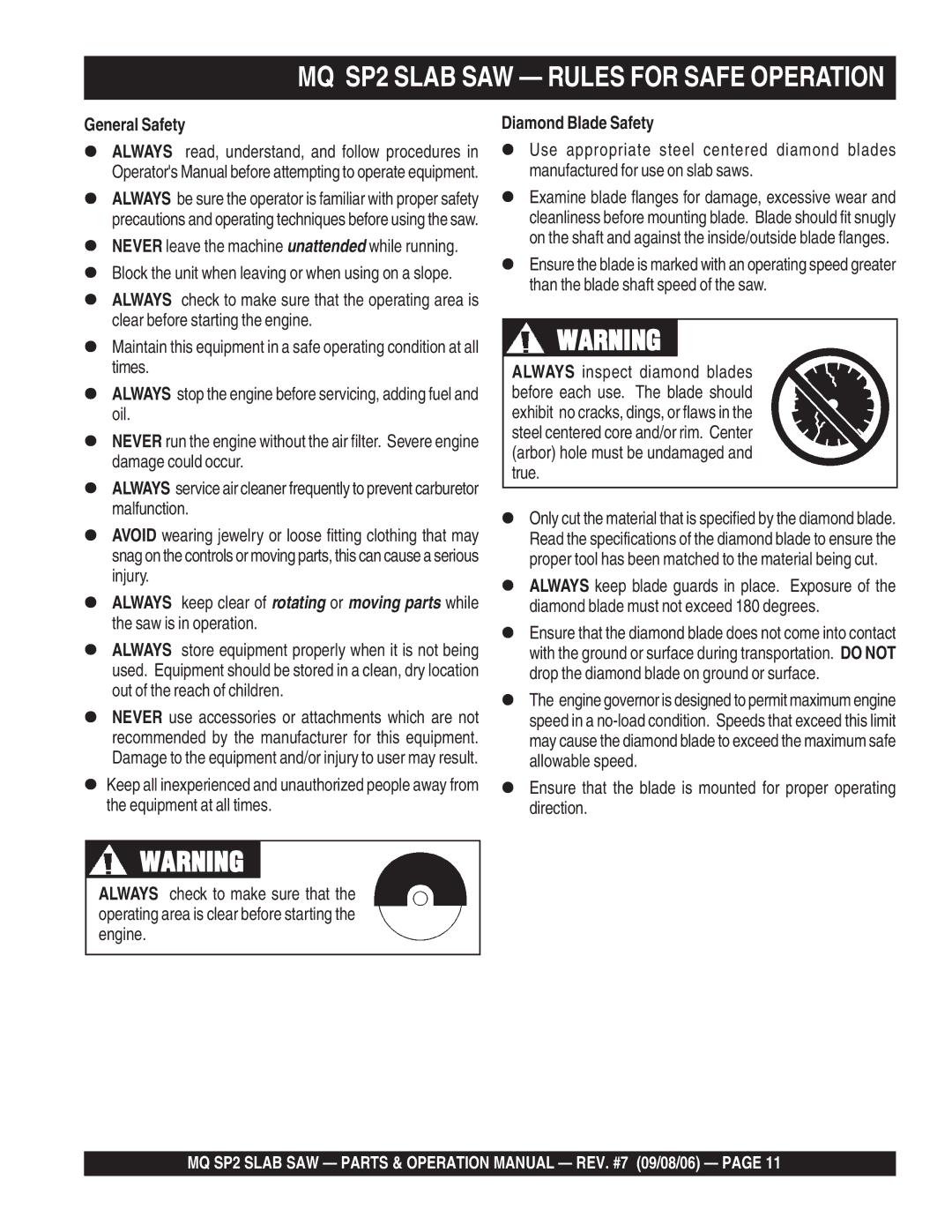 Multiquip SP2S13H20, SP2S20H20, SP213H20 MQ SP2 Slab SAW Rules for Safe Operation, General Safety, Diamond Blade Safety 